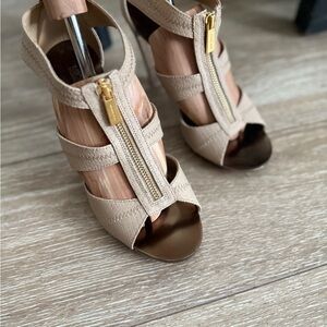 Michael Kors Tan Strappy Heels with Gold Zipper